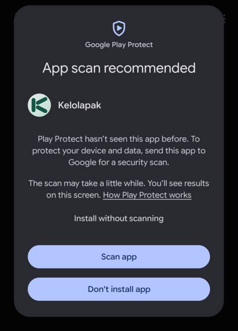 Dialog Google Play Protect dengan pilihan Install without scanning