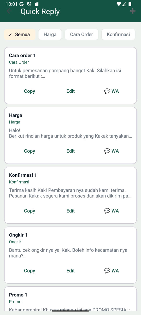 Layar Quick Reply — template balasan WhatsApp